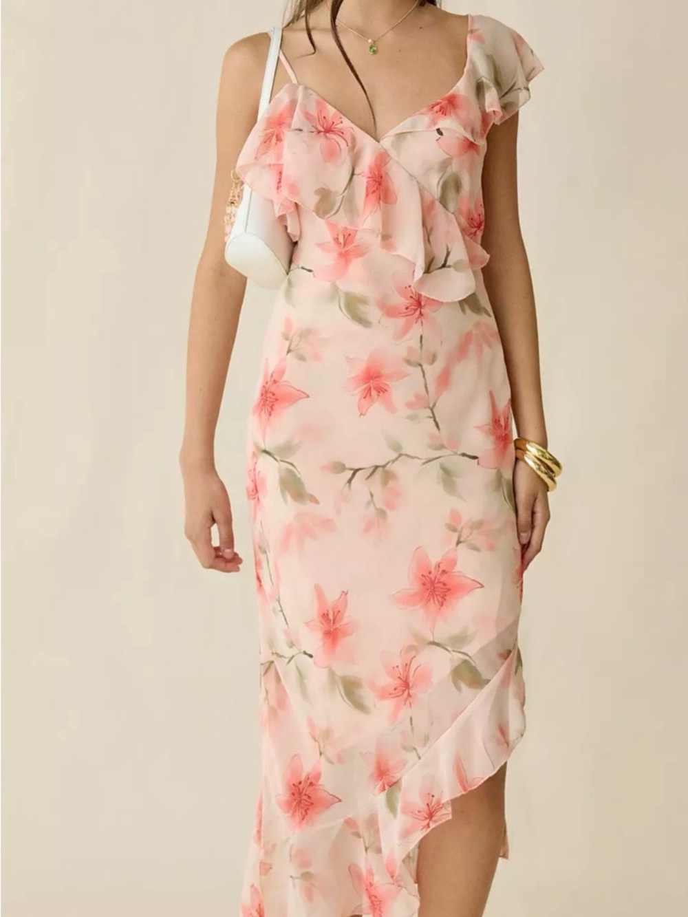 Asymmetrical Floral Ruffle Midi Dress in Blush Pink